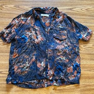 Free People We the Free Navy and Orange Hawaiian Button Down Shirt Size Small